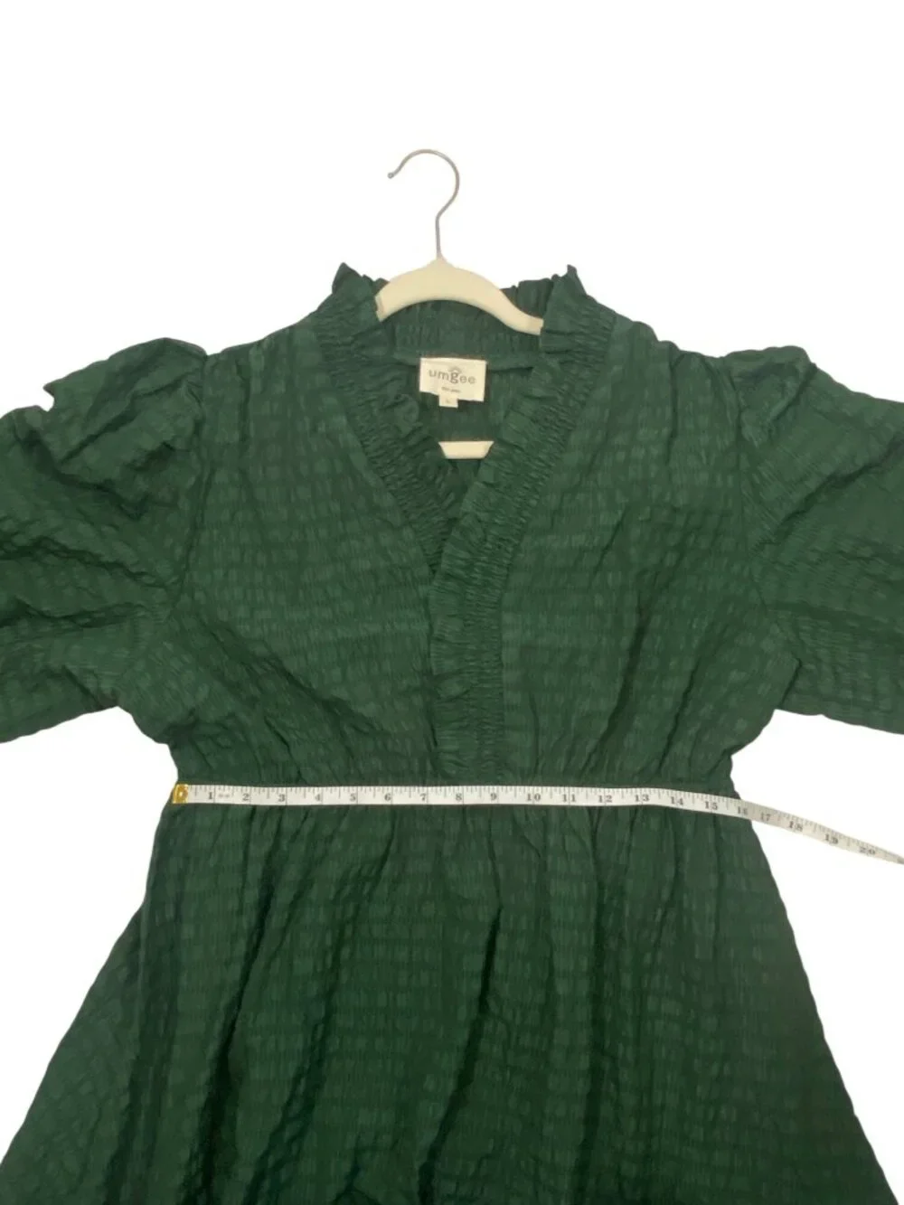Umgee Green Smocked Waist Mini Dress With Ruffle Trim & Long Sleeves Size L - Picture 7 of 10